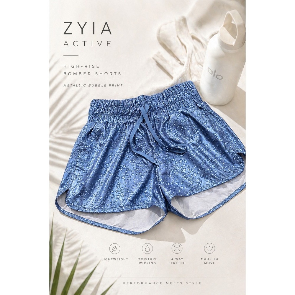 Zyia Active High Rise‎ Bomber Shorts Blue Metallic Bubble Print Running Athletic